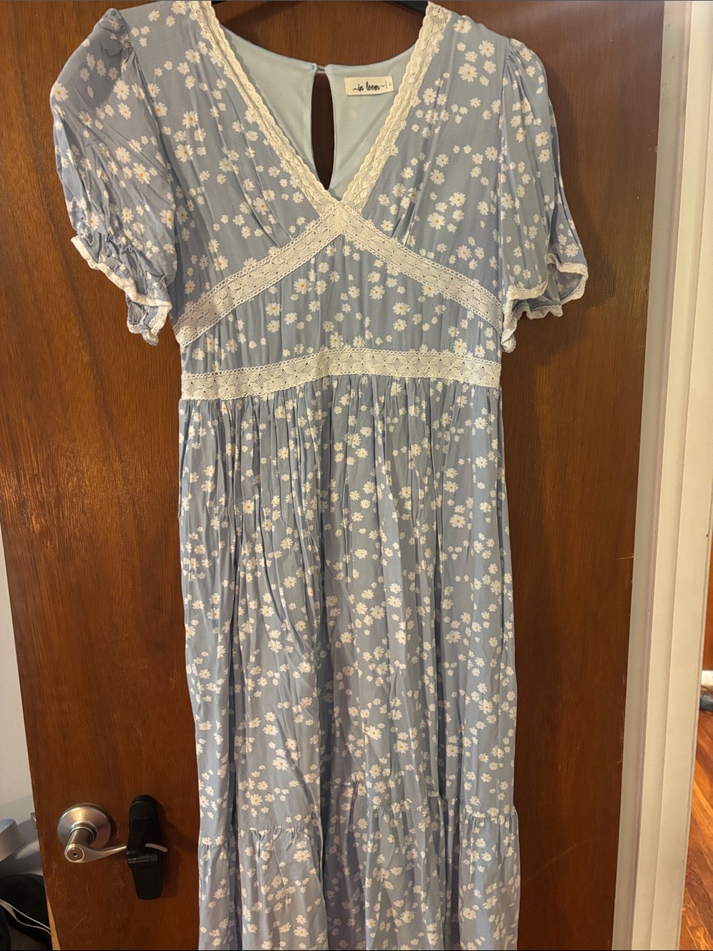 In Bloom Light Blue Floral Maxi Dress with White Lace